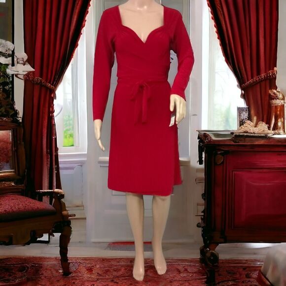 Norma Kamali Sweetheart Dress M True Wrap Red Slinky Knit Long Sleeve NEW Flowy. - Picture 1 of 16
